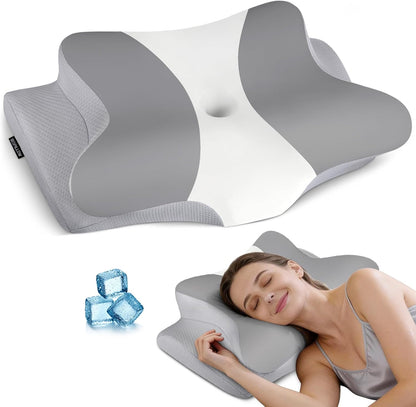 Cervical Pillow for Neck Pain Relief, Ergonomic Neck Pillow for Sleeping, Contour Side Sleeper Pillow for Neck Support, Orthopedic Cooling Memory Foam Pillows for Back Stomach Sleepers (Grey& White)