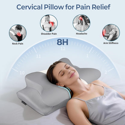 Cervical Pillow for Neck Pain Relief, Ergonomic Neck Pillow for Sleeping, Contour Side Sleeper Pillow for Neck Support, Orthopedic Cooling Memory Foam Pillows for Back Stomach Sleepers (Grey& White)