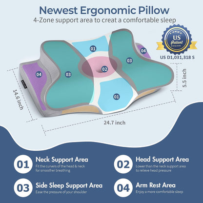 Cervical Pillow for Neck Pain Relief, Ergonomic Neck Pillow for Sleeping, Contour Side Sleeper Pillow for Neck Support, Orthopedic Cooling Memory Foam Pillows for Back Stomach Sleepers (Grey& White)