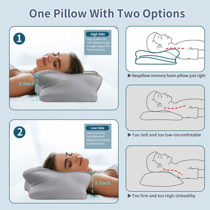 Cervical Pillow for Neck Pain Relief, Ergonomic Neck Pillow for Sleeping, Contour Side Sleeper Pillow for Neck Support, Orthopedic Cooling Memory Foam Pillows for Back Stomach Sleepers (Grey& White)